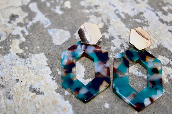 Hexagon Marble Resin Earrings